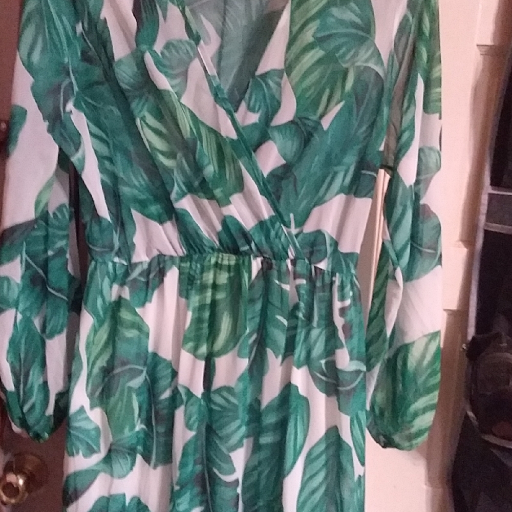 Green Leaf Print Wrap Dress - Women's